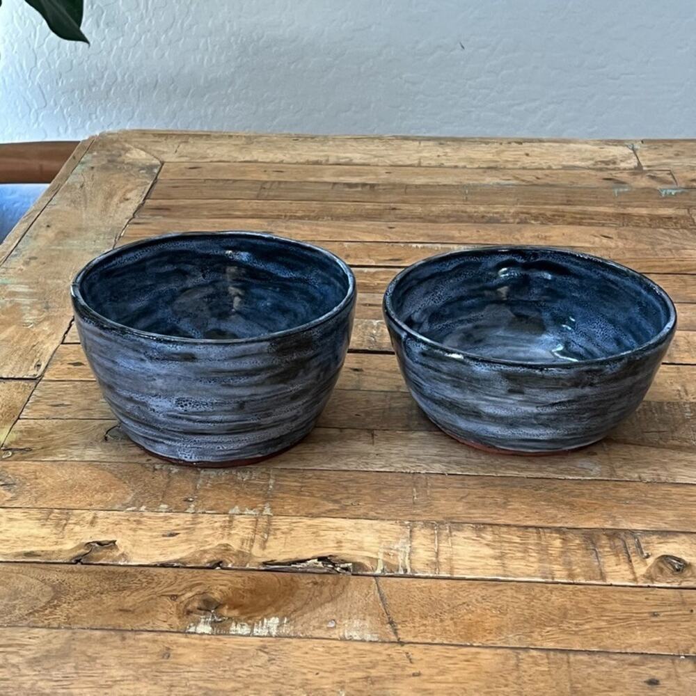 Handmade Ceramic Bowls Terracotta Base Blue & White Spiral Glaze Finish